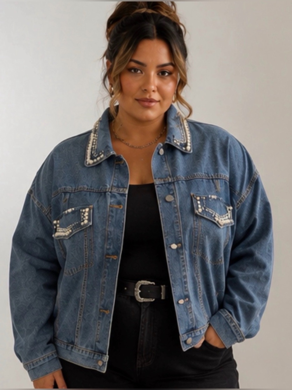 Savanna Jane Blue Denim Jacket with Pearl Accents